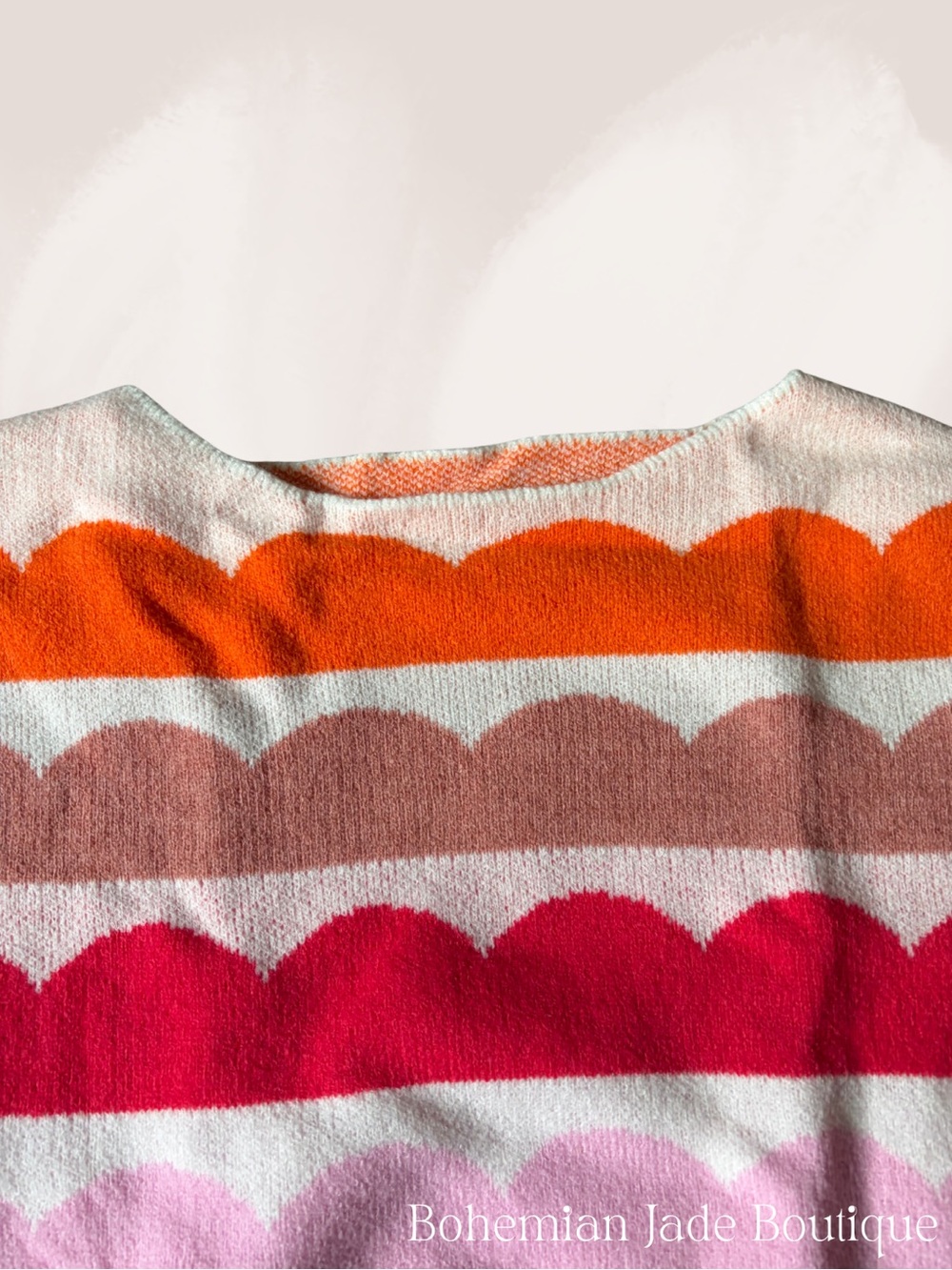Colorful Scallop Stripe Balloon Sleeve Sweater Pink Orange Women’s Small - Picture 4 of 6